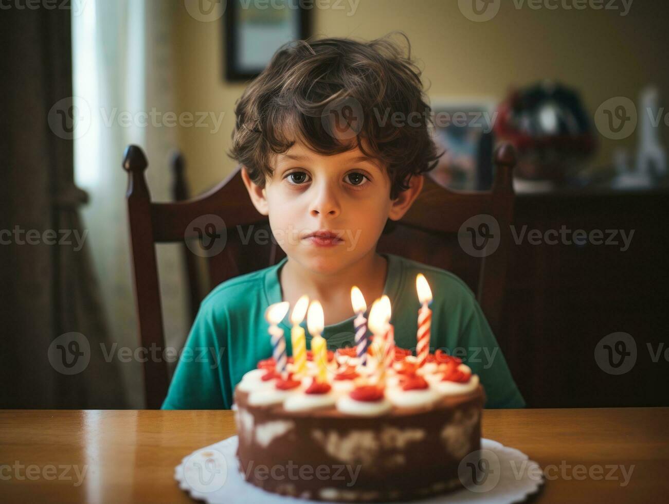 Child blowing out the candles on their birthday cake AI Generative photo