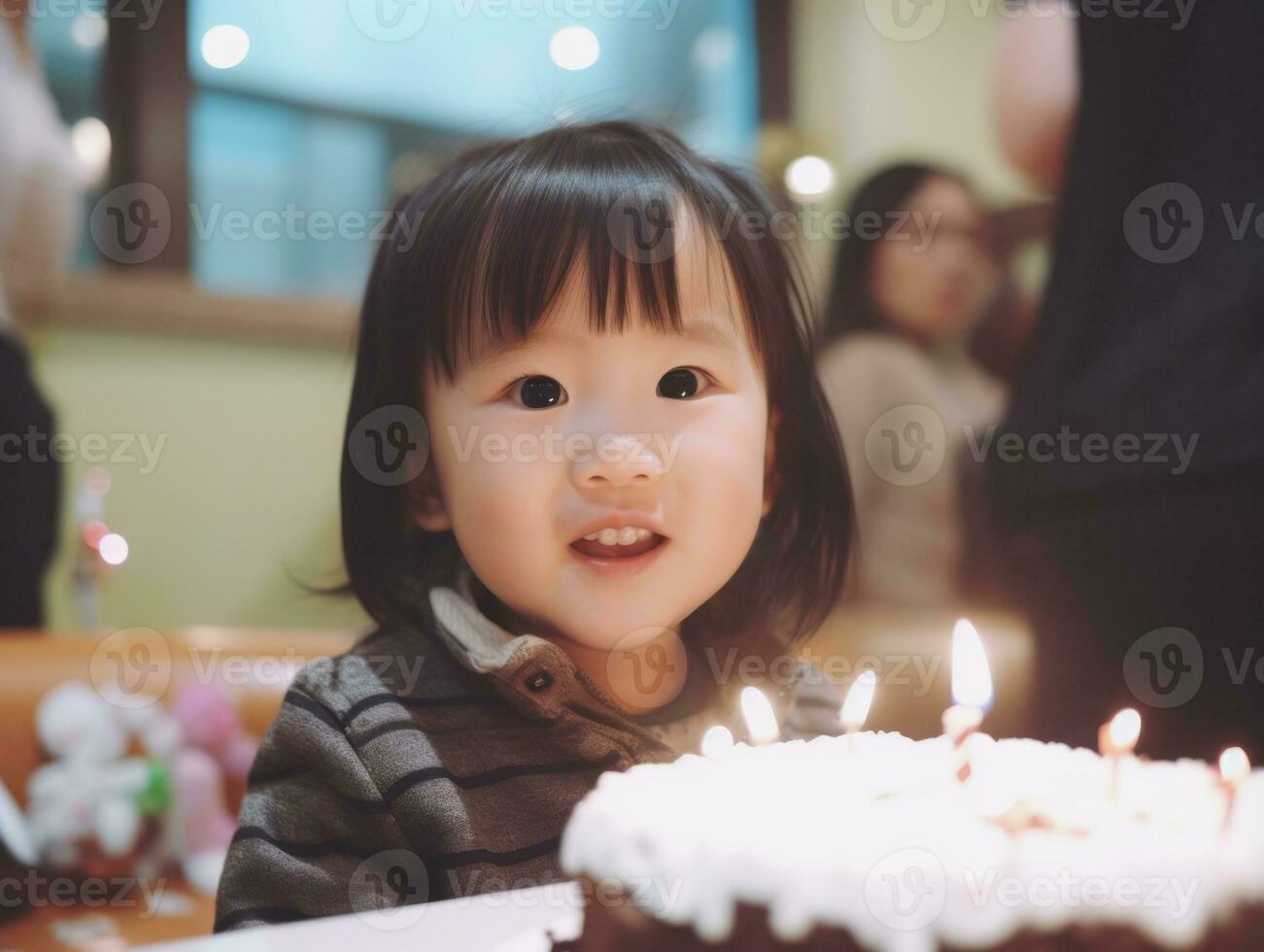 Child blowing out the candles on their birthday cake AI Generative photo