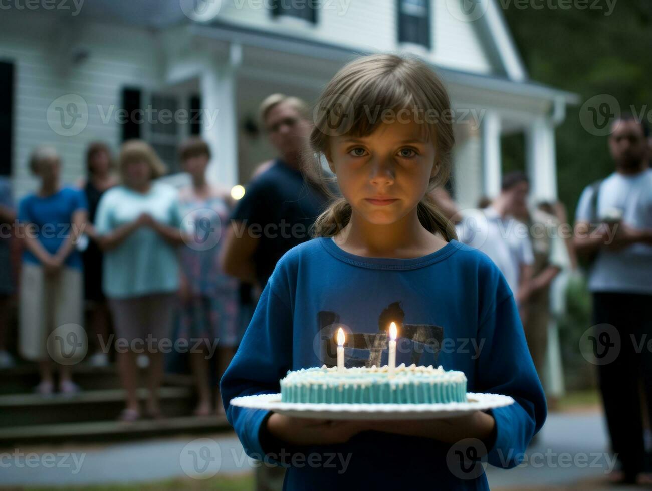 Child blowing out the candles on their birthday cake AI Generative photo