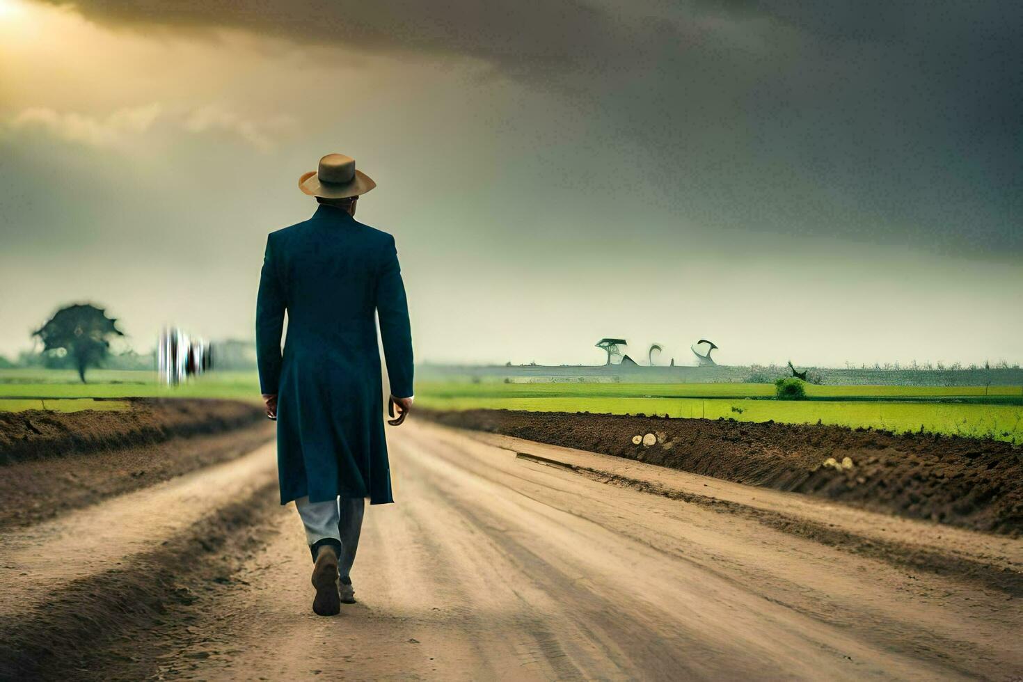 a man in a hat and coat walks down a dirt road. AI-Generated photo