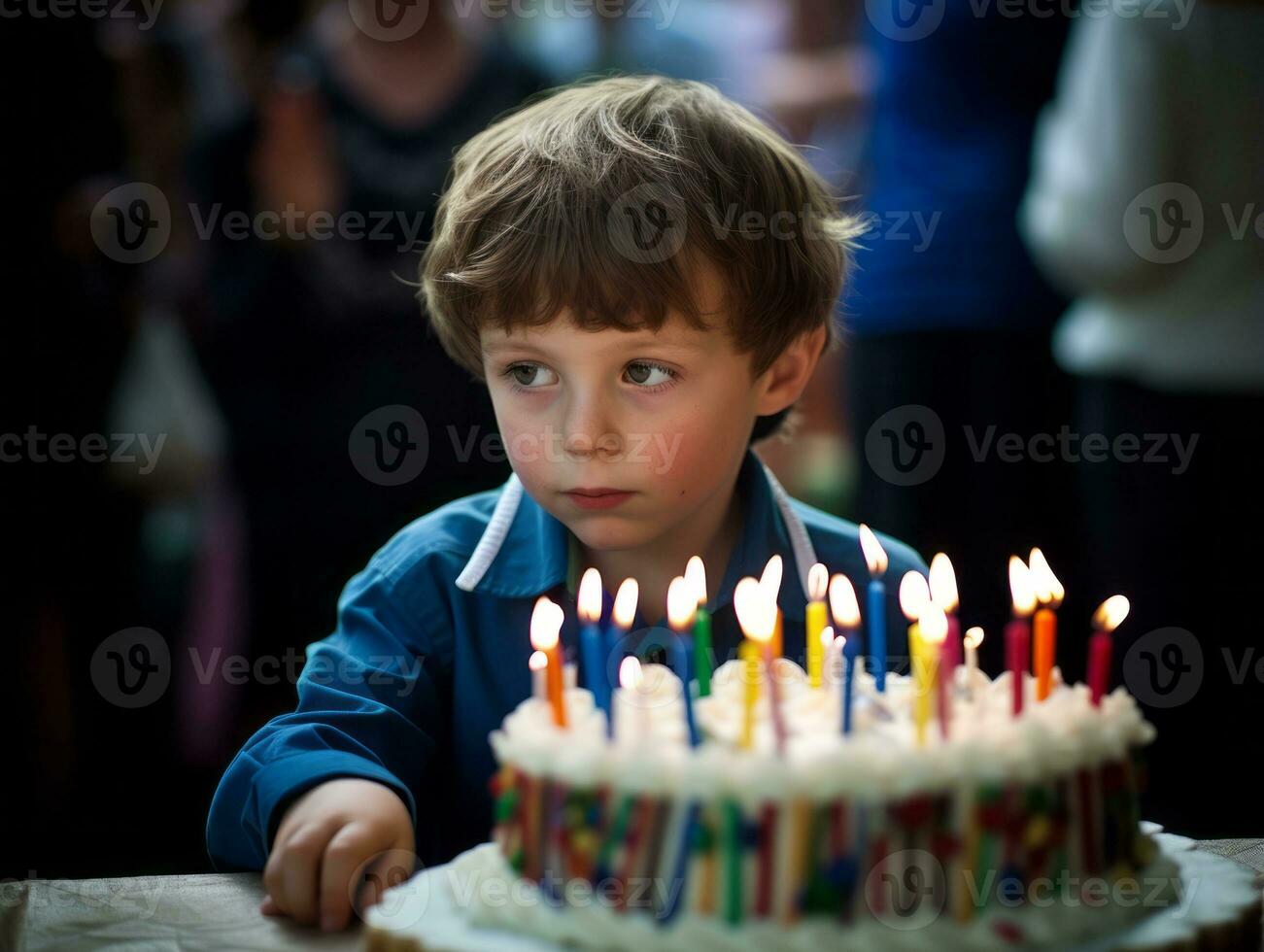 Child blowing out the candles on their birthday cake AI Generative photo