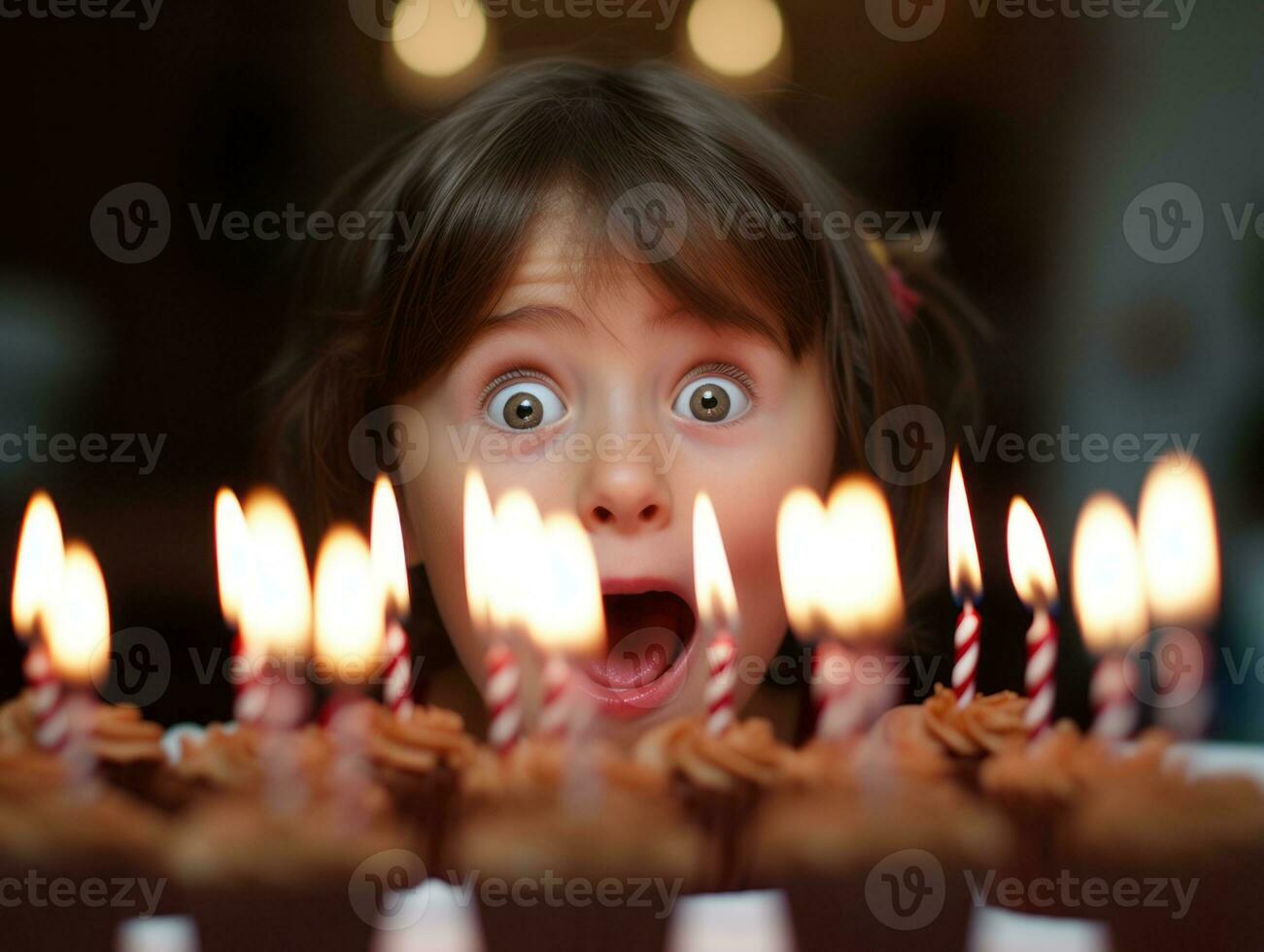 Child blowing out the candles on their birthday cake AI Generative photo