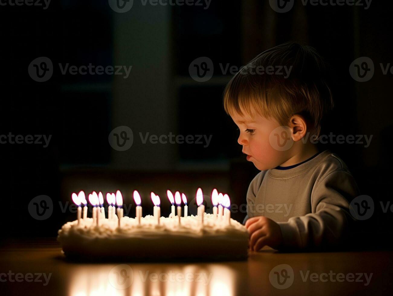 Child blowing out the candles on their birthday cake AI Generative photo