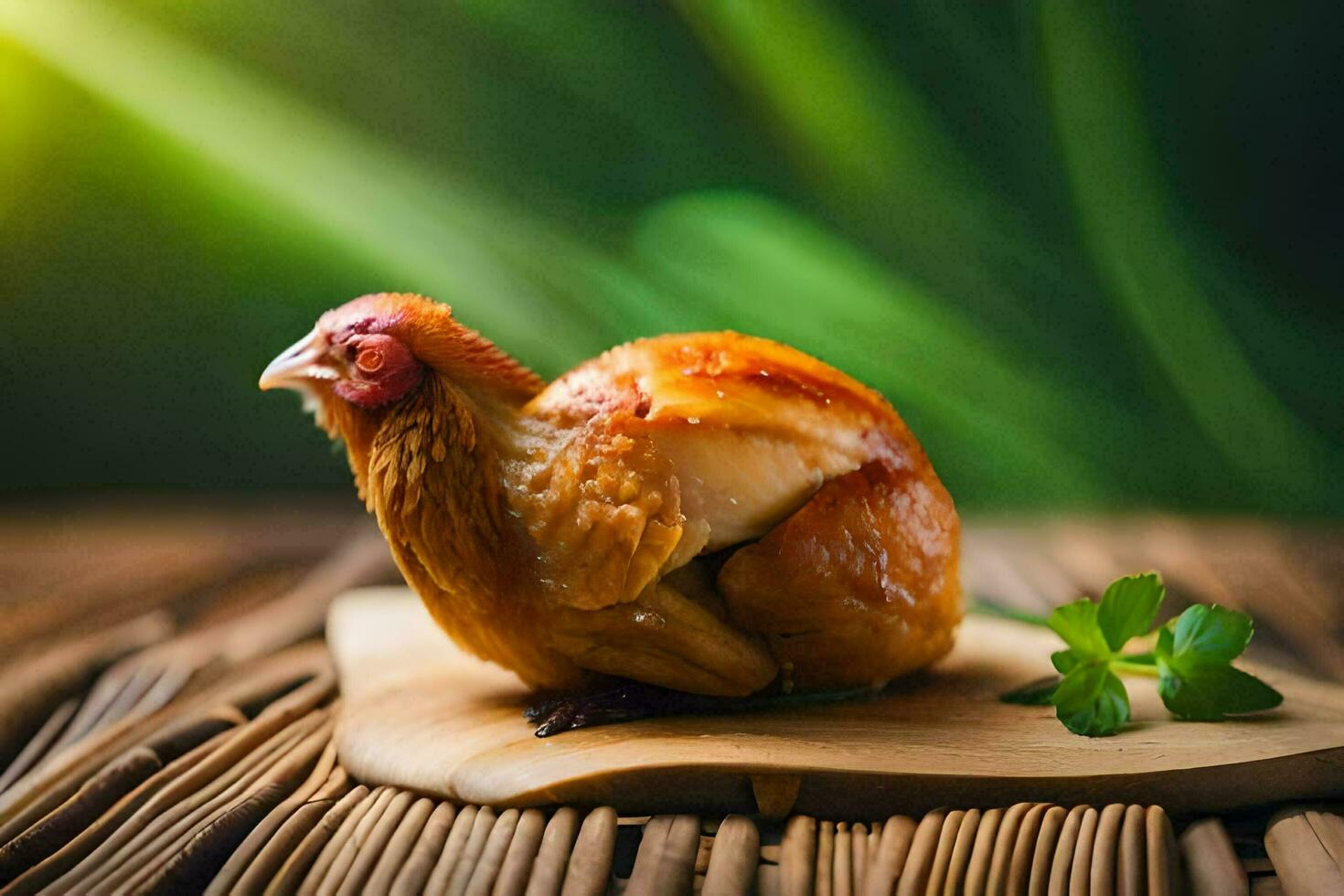 a chicken is sitting on a wooden board. AI-Generated photo