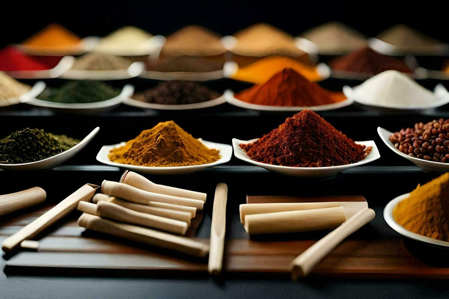 a variety of spices and herbs in bowls. AI-Generated photo