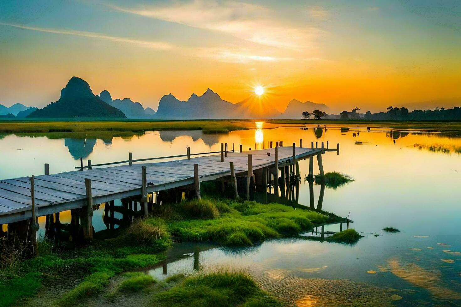 the sun rises over the li river in china. AI-Generated photo