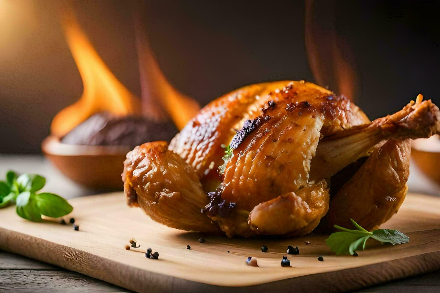 a roasted chicken on a wooden cutting board with spices. AI-Generated photo