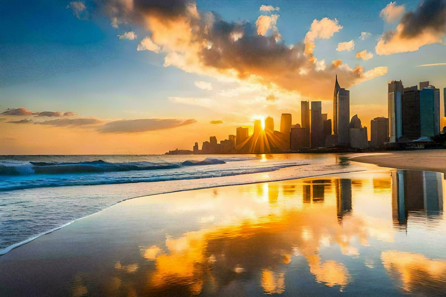 the sun sets over the city skyline on a beach. AI-Generated photo