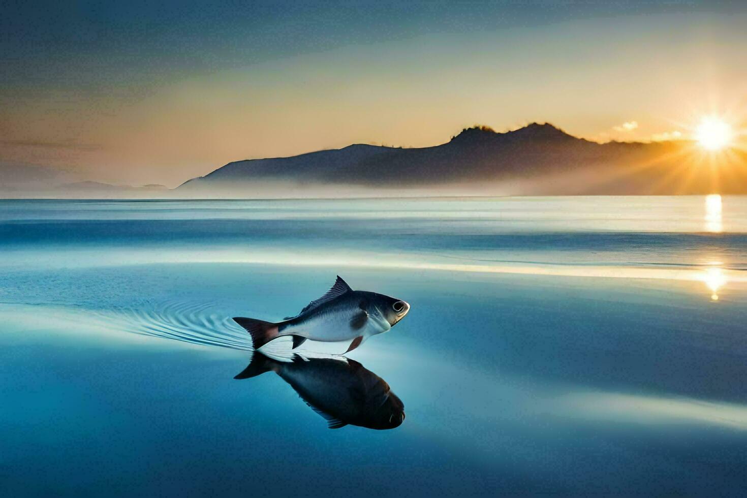 a fish is standing on the beach at sunset. AI-Generated photo