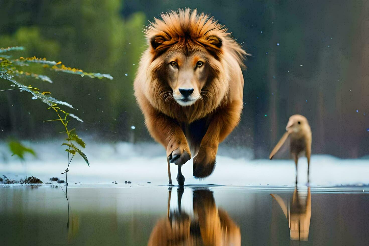 a lion running through water with a dog. AI-Generated photo