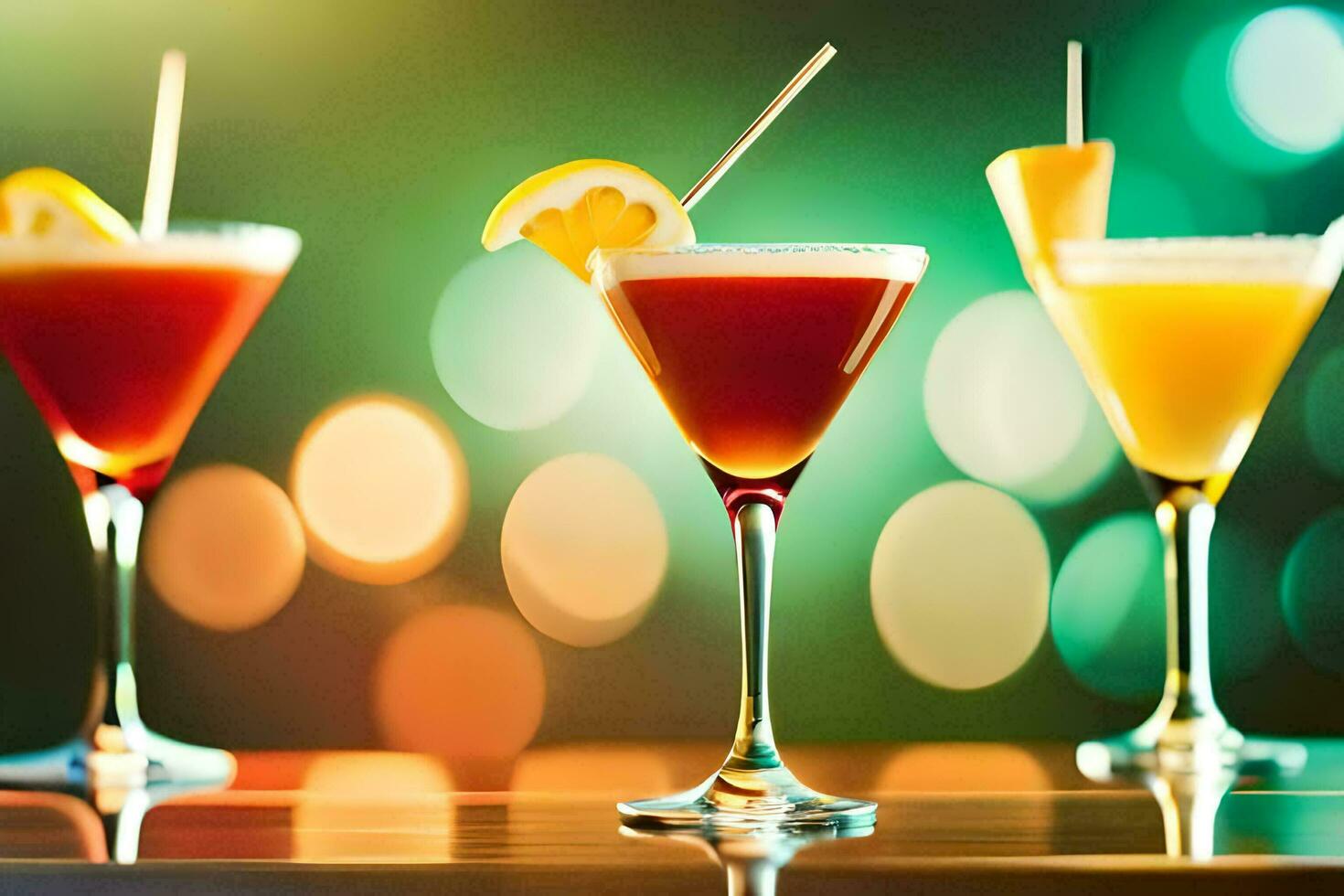 three different cocktails are shown in glasses. AI-Generated photo