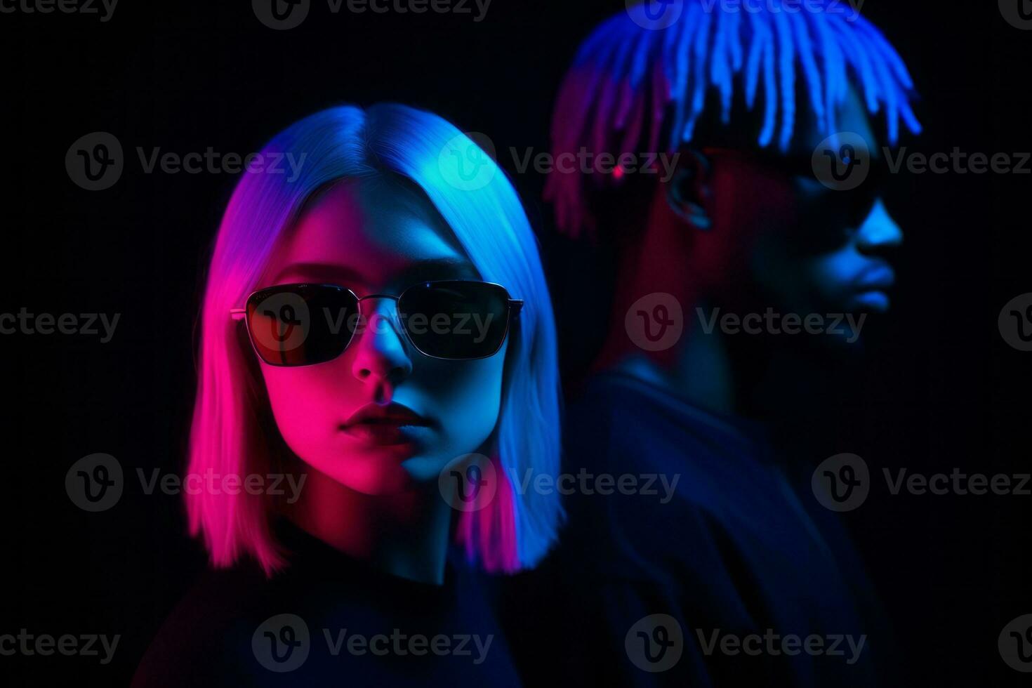 Emotional impact neon retro style photograph of people AI Generative photo