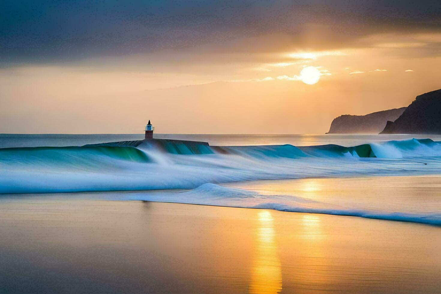 a lighthouse stands on the beach at sunset. AI-Generated photo