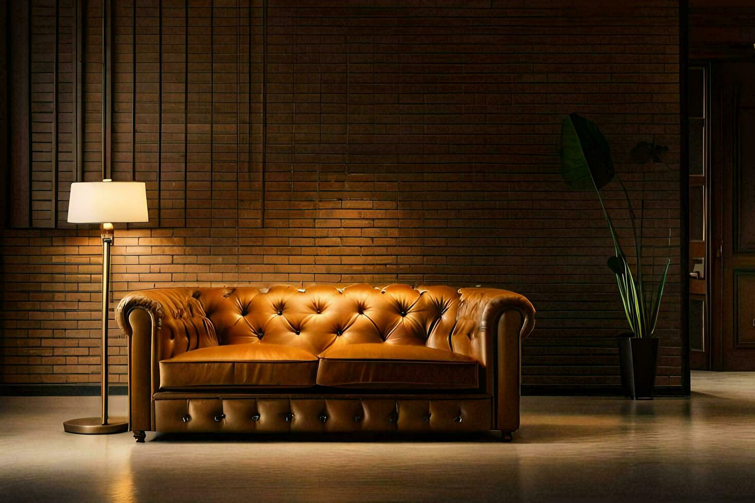 a leather couch in a room with brick walls. AI-Generated photo