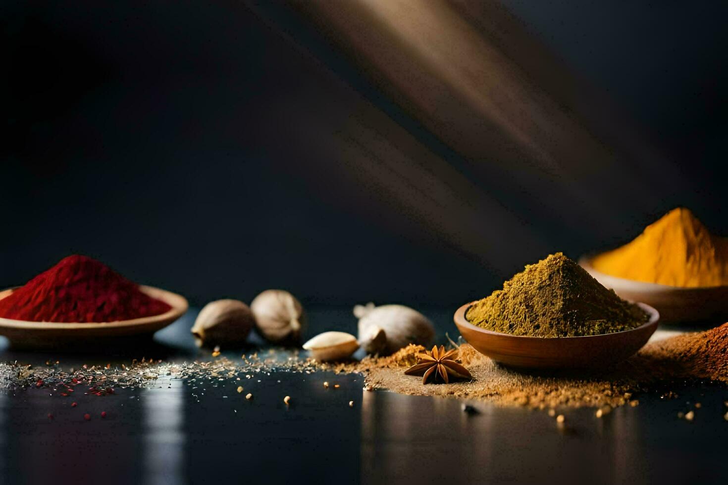 spices in bowls on a black background. AI-Generated photo