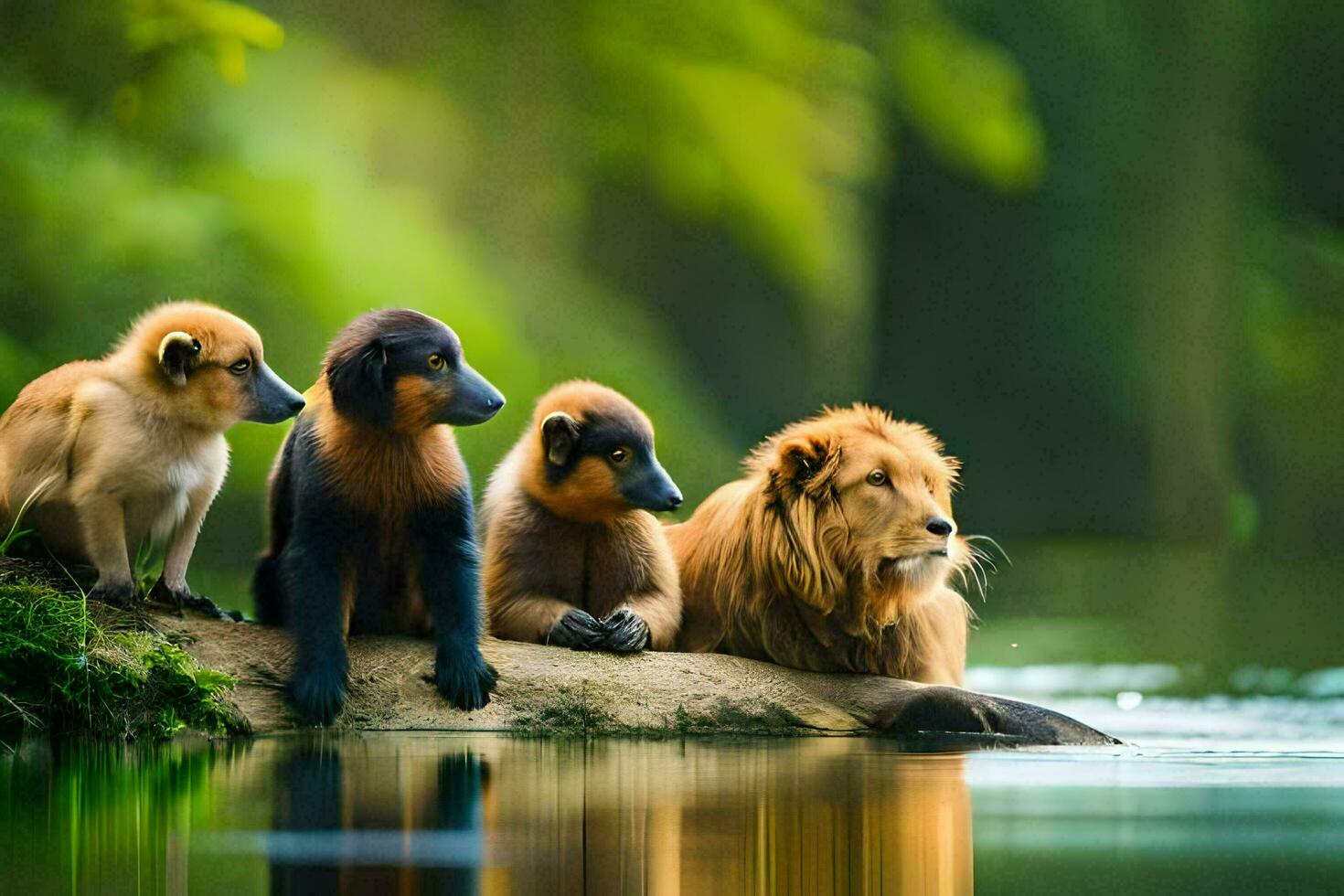 cuatro leones y dos monos sentado en un rock por el agua. generado por ai foto