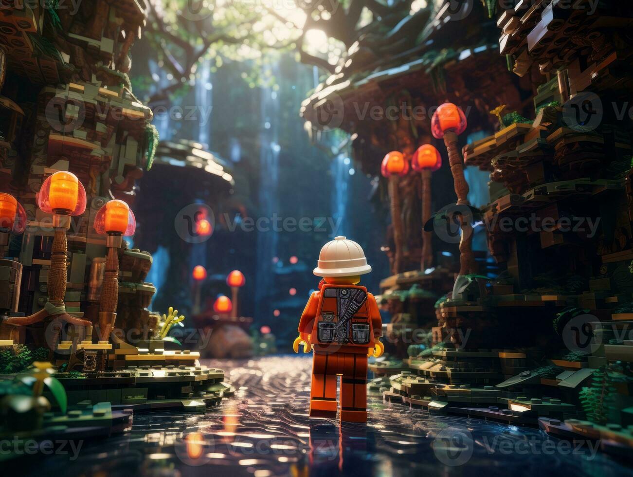 Lego character exploring a epic lego world AI Generative photo