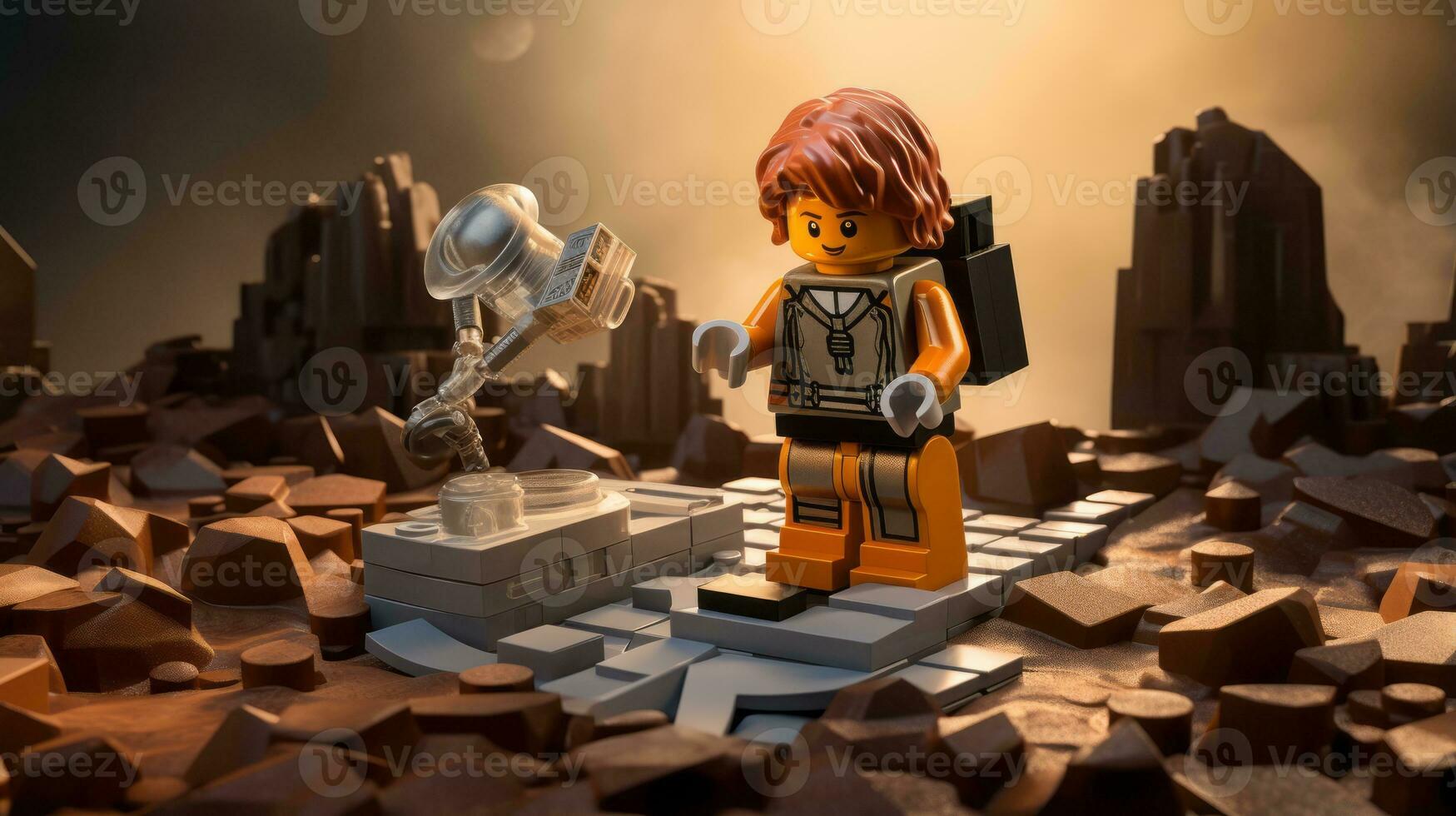 Lego character exploring a epic lego world AI Generative photo