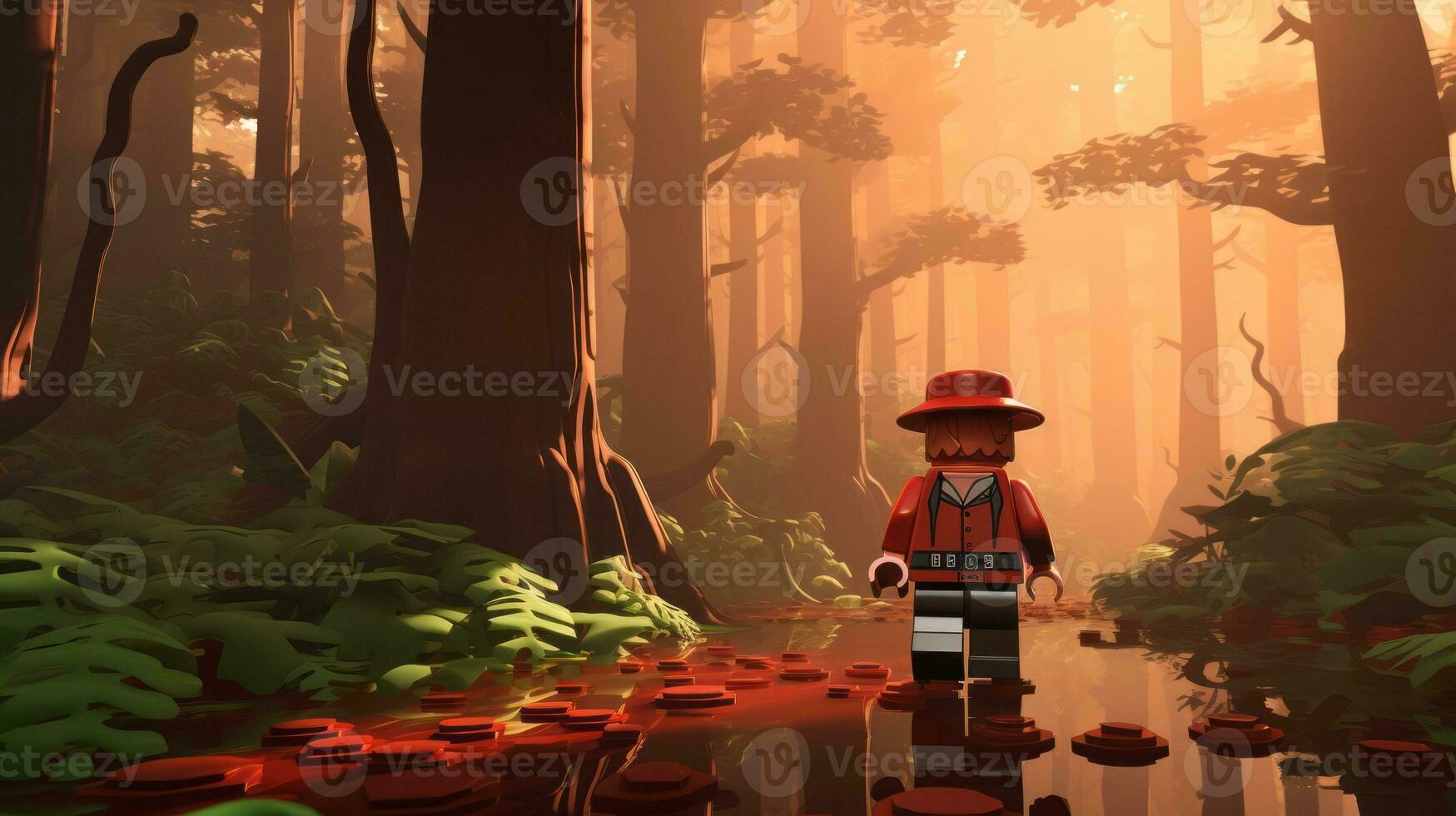 Lego character exploring a epic lego world AI Generative photo