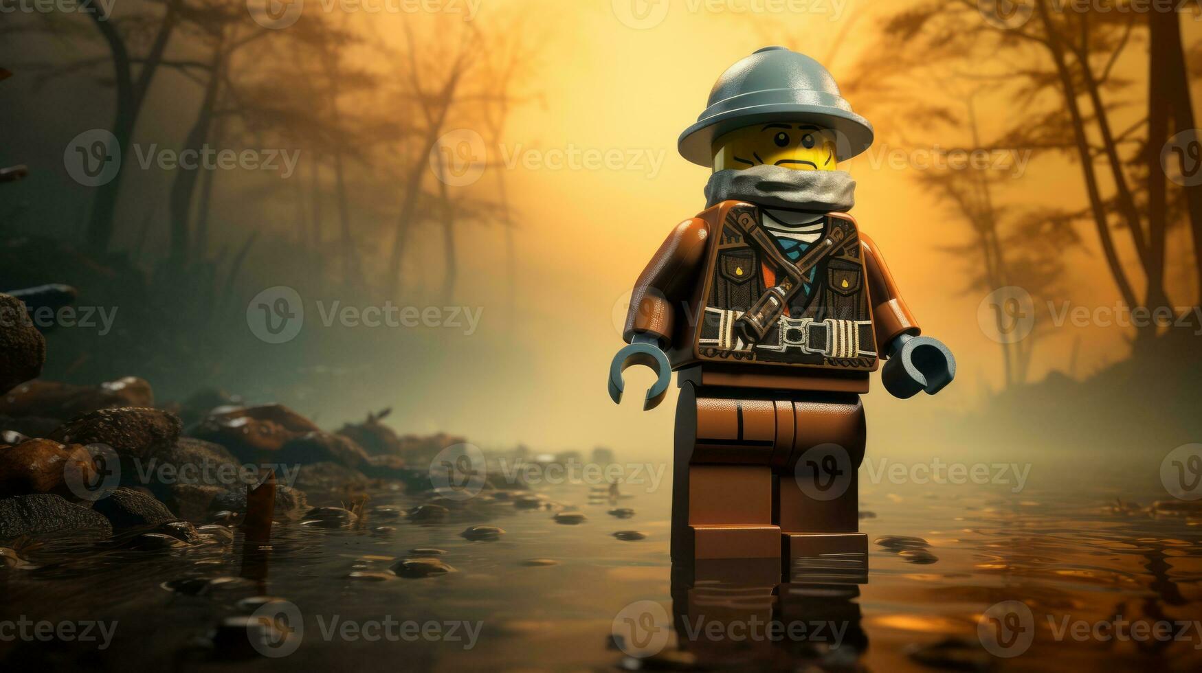 Lego character exploring a epic lego world AI Generative photo