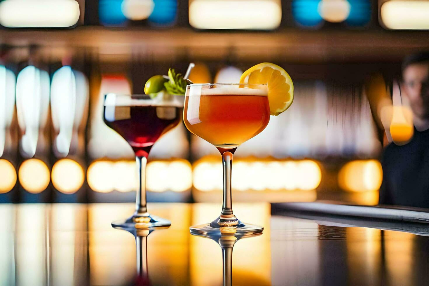 two cocktails sit on a bar counter. AI-Generated photo