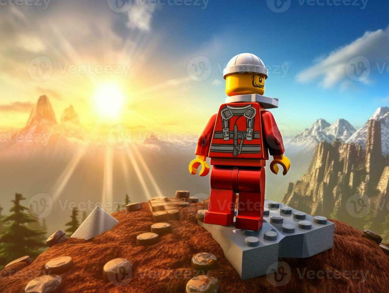 Lego character exploring a epic lego world AI Generative photo