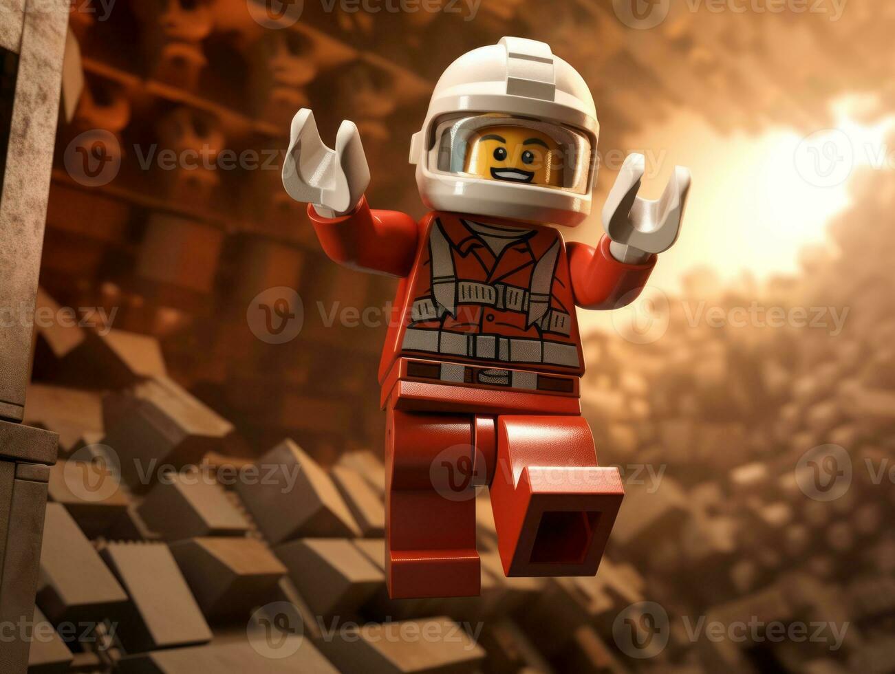 Lego character exploring a epic lego world AI Generative photo