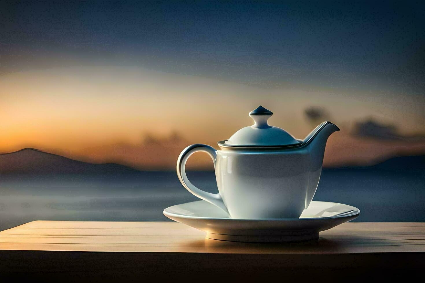 té maceta en un mesa con un ver de el mar. generado por ai foto