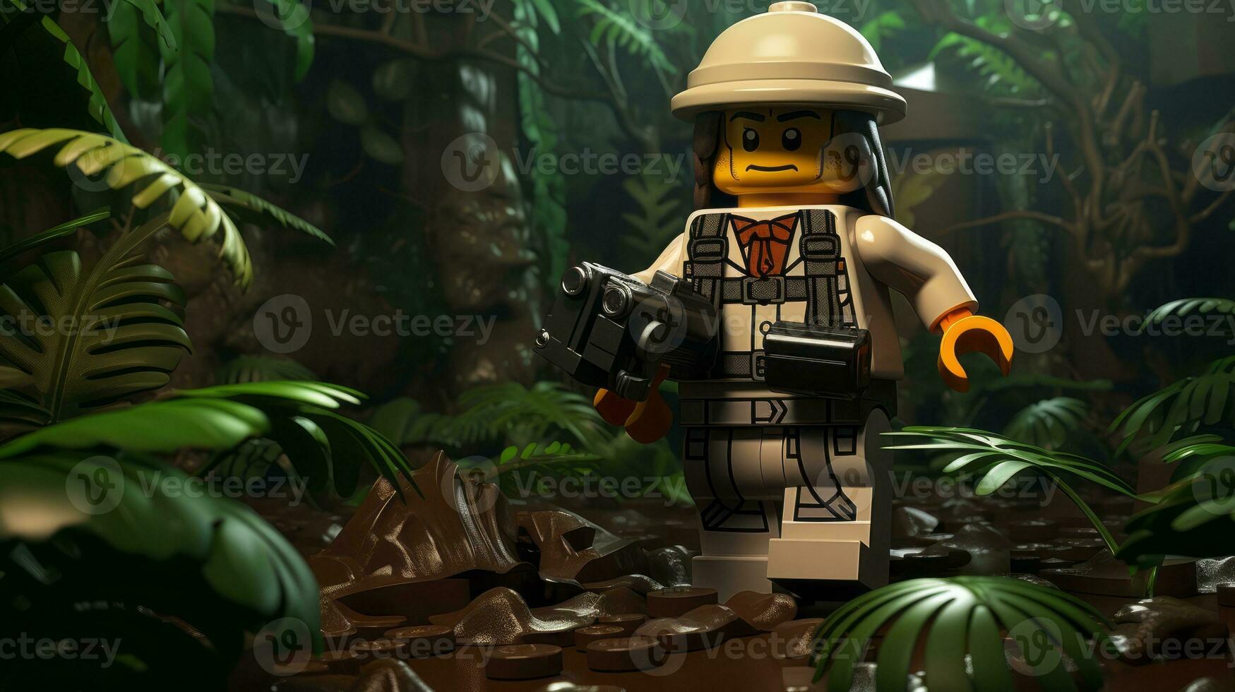 Lego character exploring a epic lego world AI Generative photo