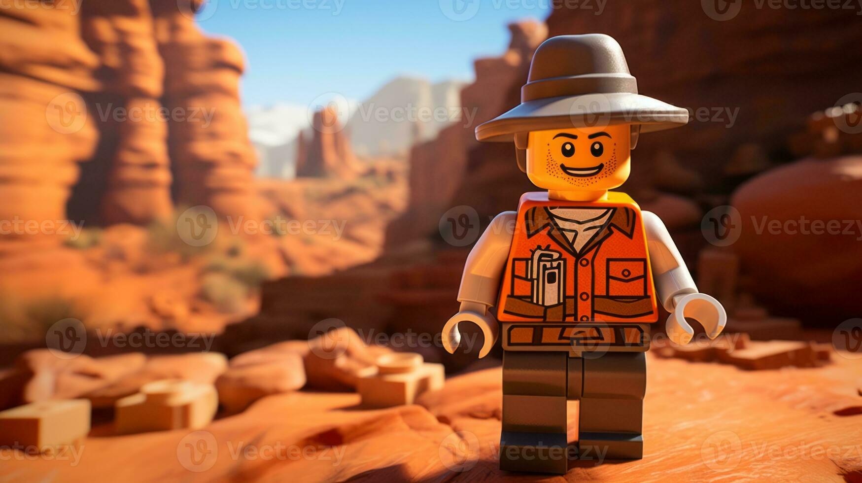 Lego character exploring a epic lego world AI Generative photo