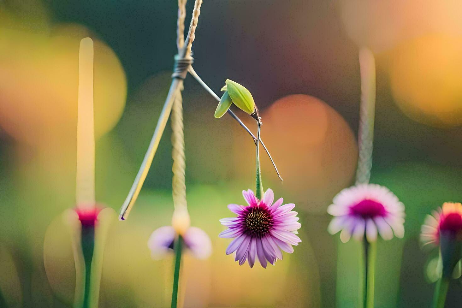 a flower hanging from a string in the grass. AI-Generated photo