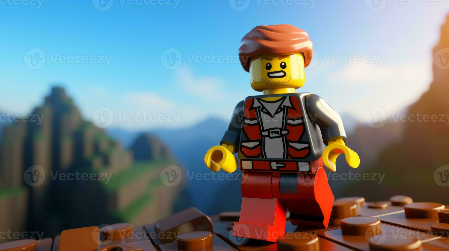 Lego character exploring a epic lego world AI Generative photo