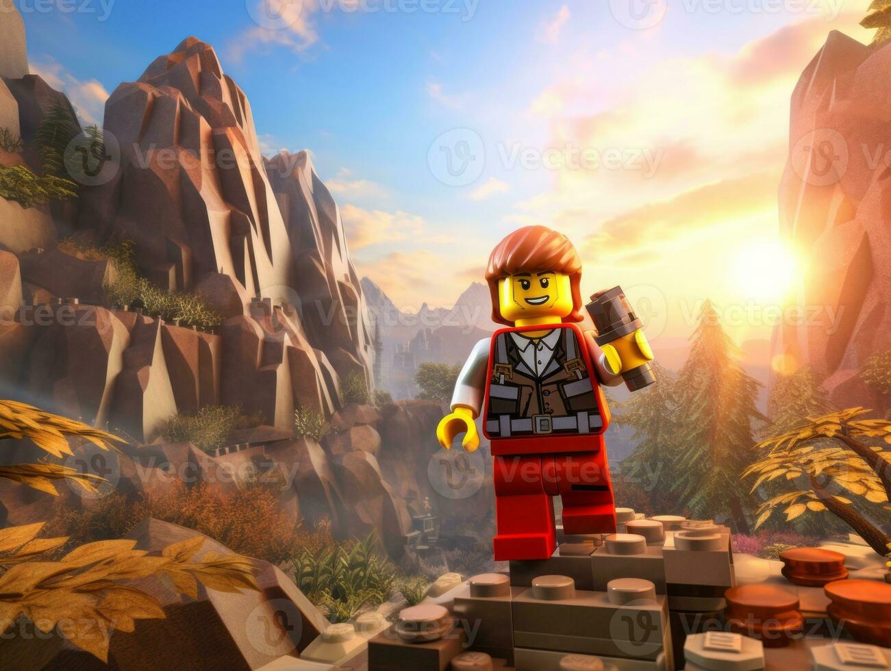 Lego character exploring a epic lego world AI Generative photo