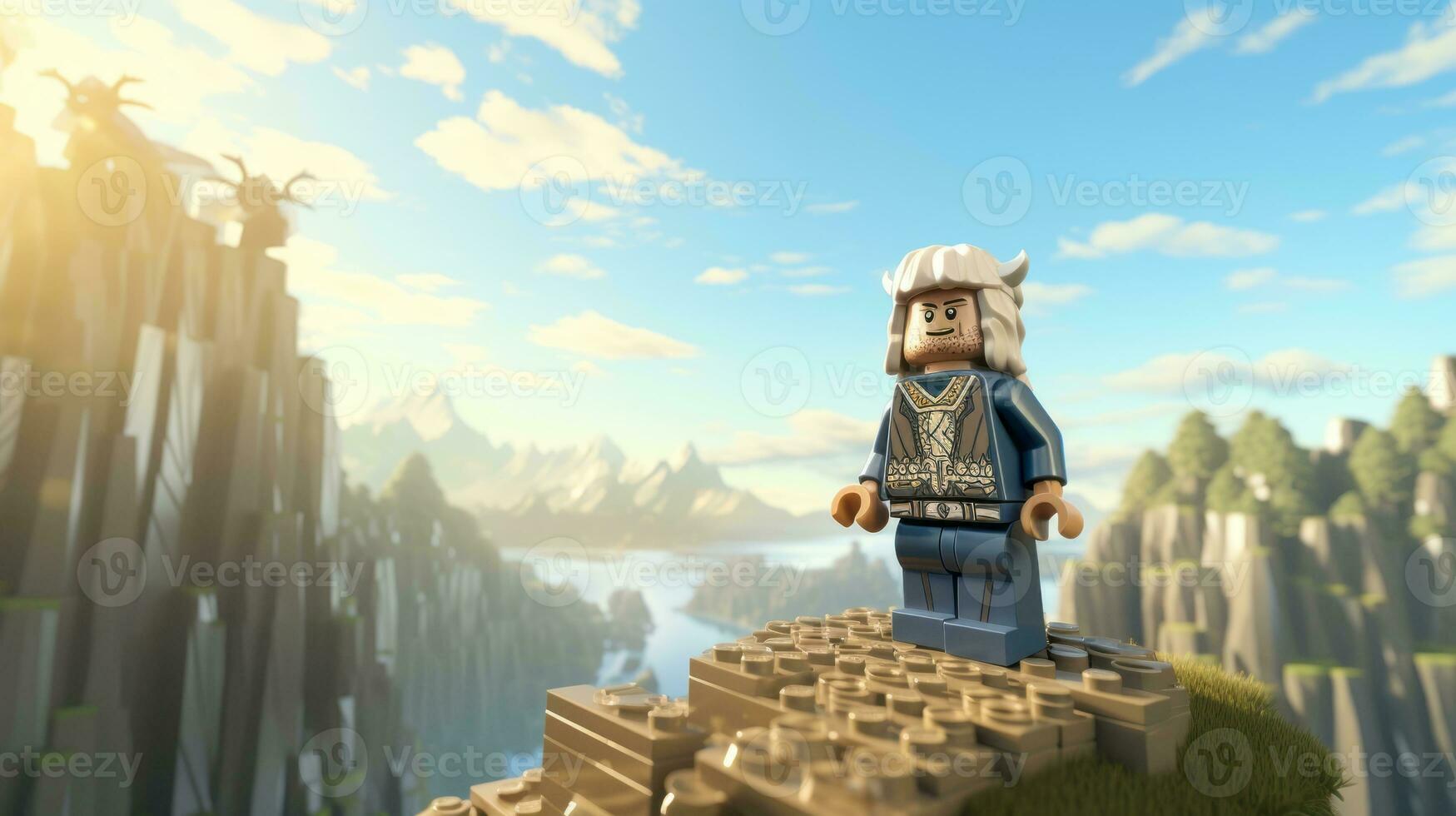 Lego character exploring a epic lego world AI Generative photo