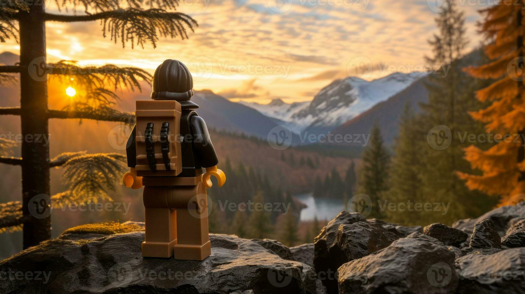 Lego character exploring a epic lego world AI Generative photo