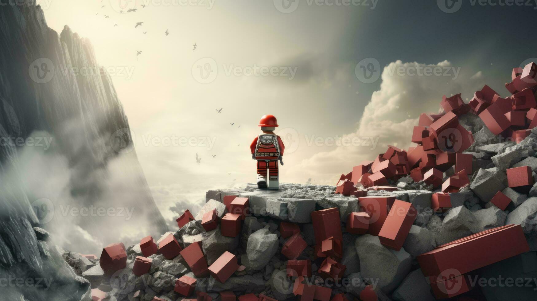 Lego character exploring a epic lego world AI Generative photo