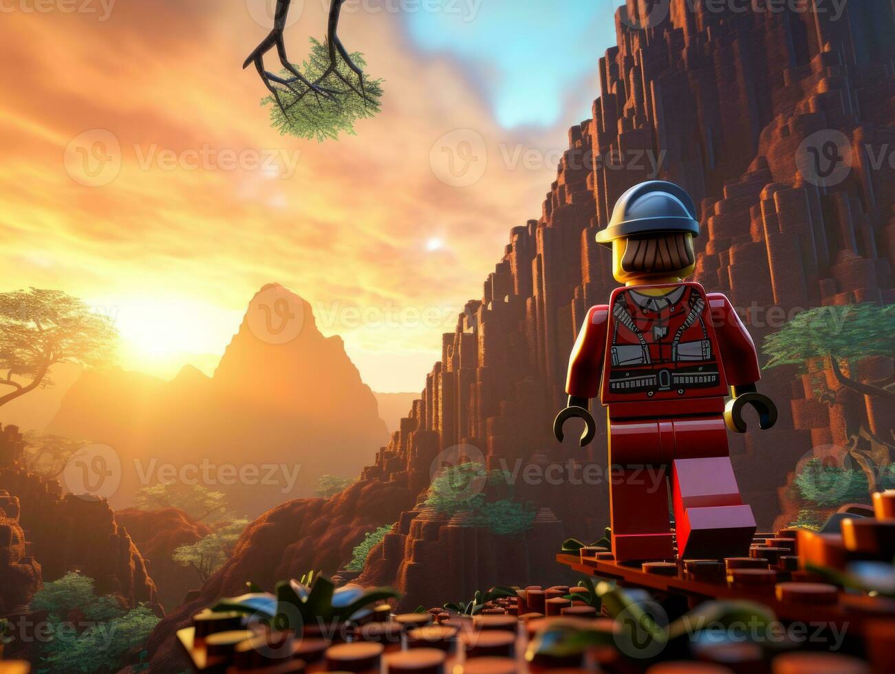 Lego character exploring a epic lego world AI Generative photo