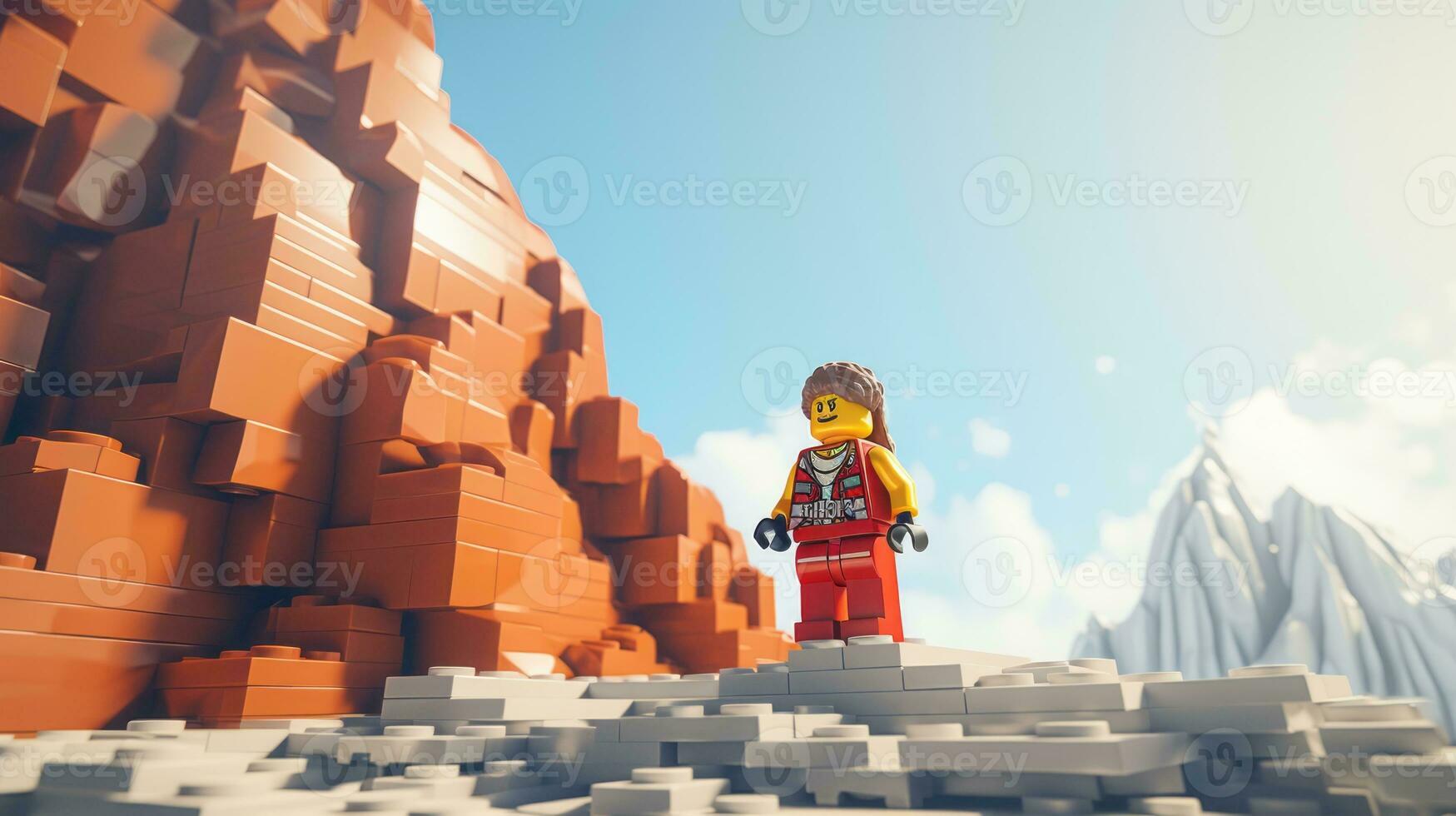Lego character exploring a epic lego world AI Generative photo