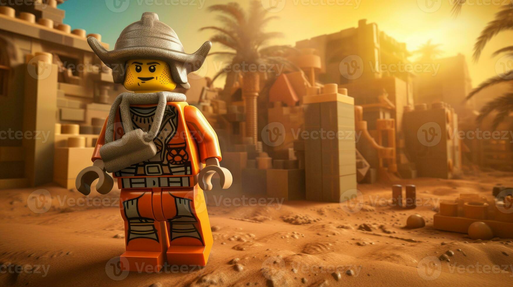 Lego character exploring a epic lego world AI Generative photo