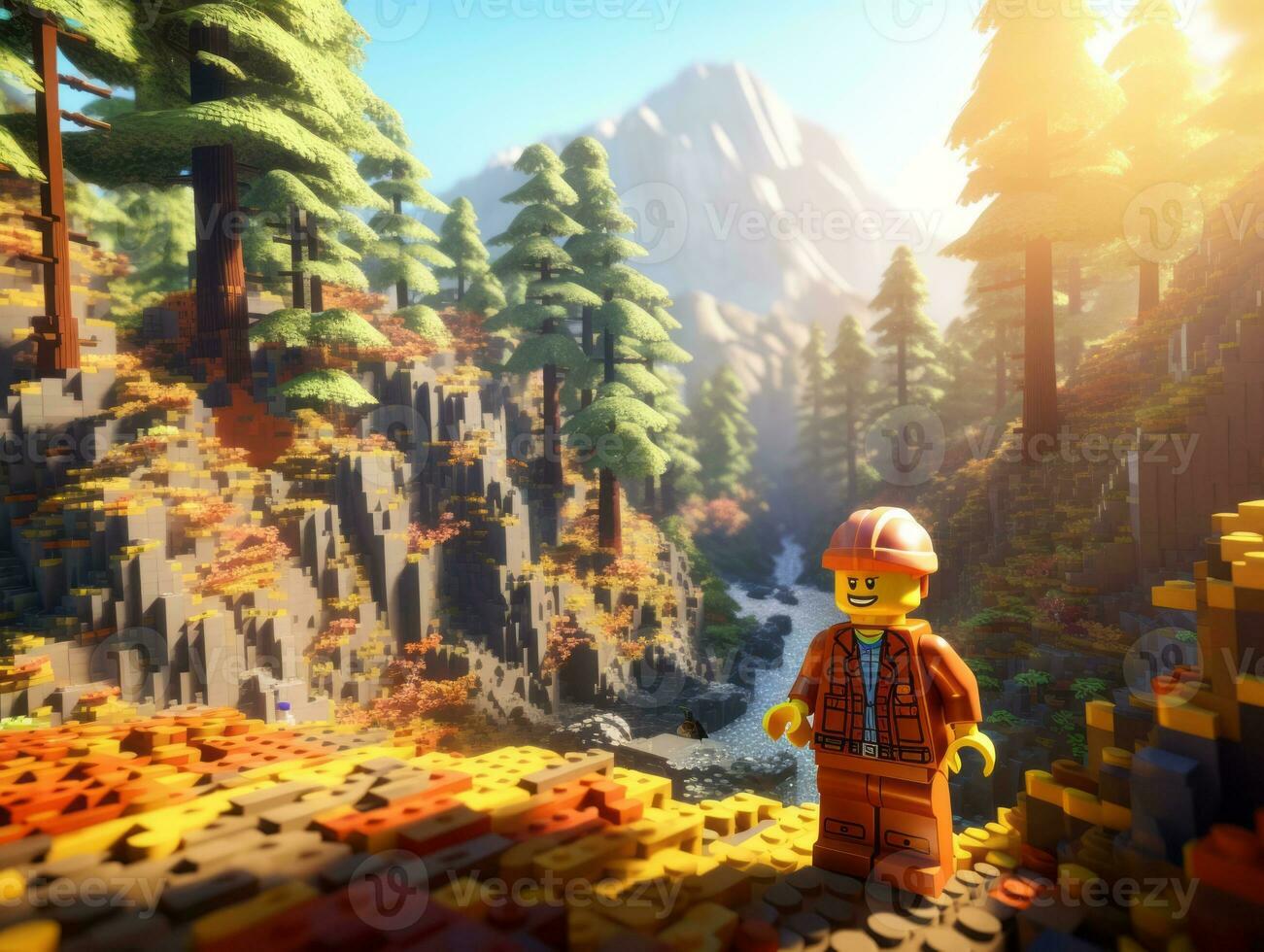 Lego character exploring a epic lego world AI Generative photo