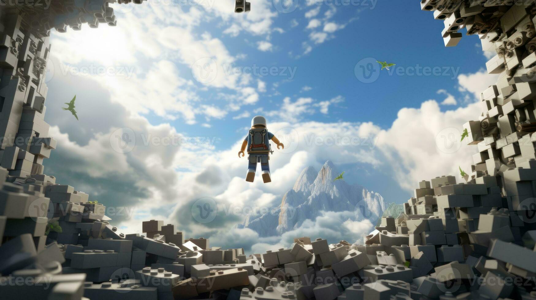 Lego character exploring a epic lego world AI Generative photo