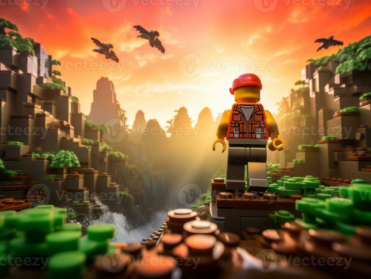 Lego character exploring a epic lego world AI Generative photo