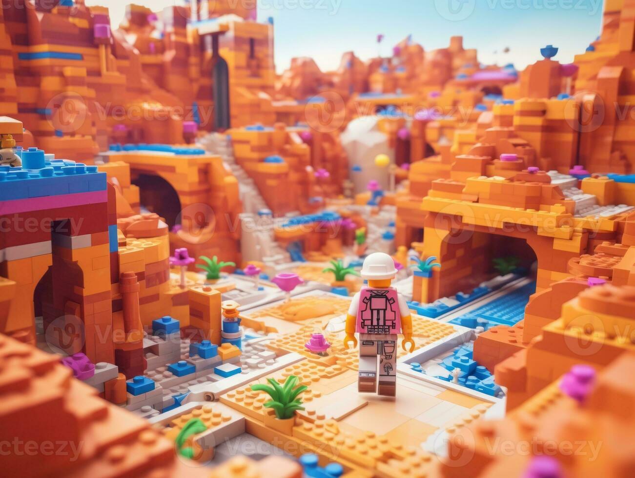 Lego character exploring a epic lego world AI Generative photo