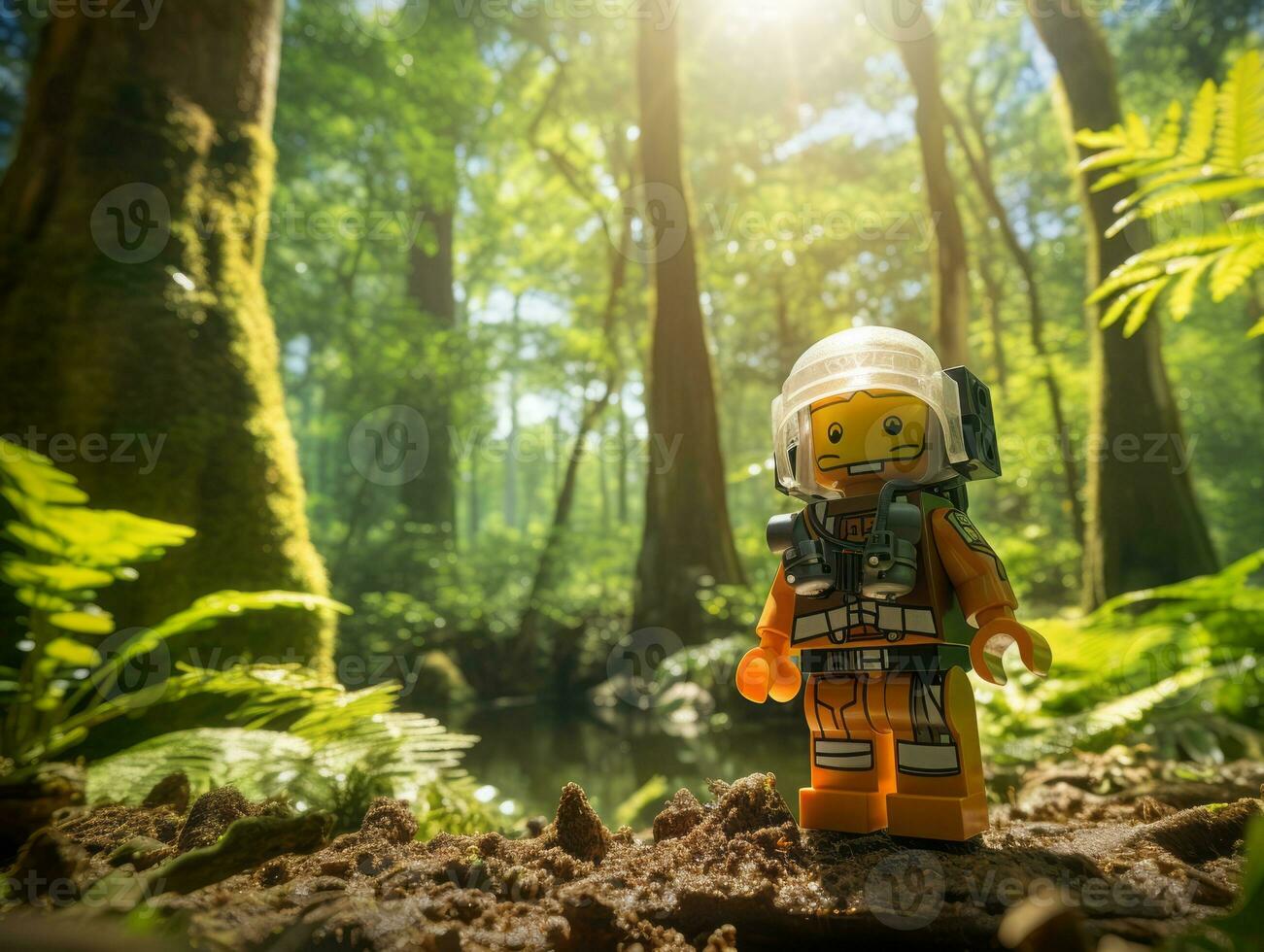 Lego character exploring a epic lego world AI Generative photo