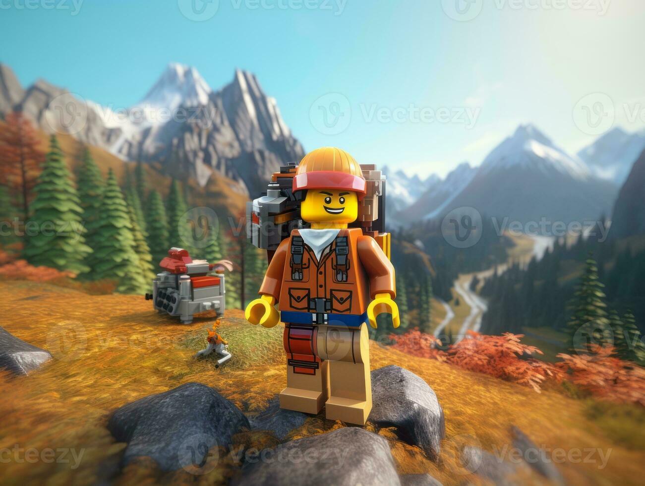 Lego character exploring a epic lego world AI Generative photo