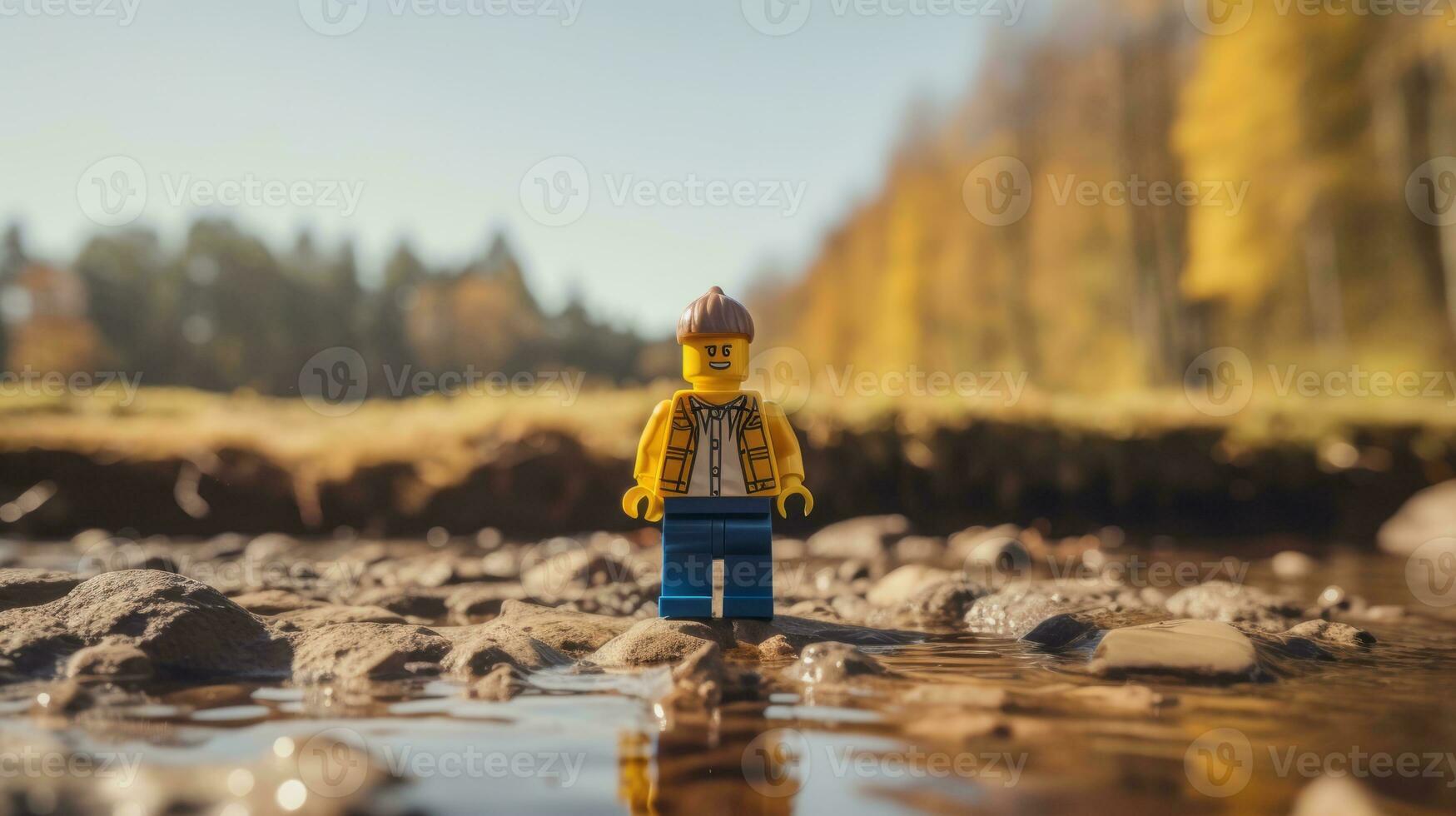 Lego character exploring a epic lego world AI Generative photo