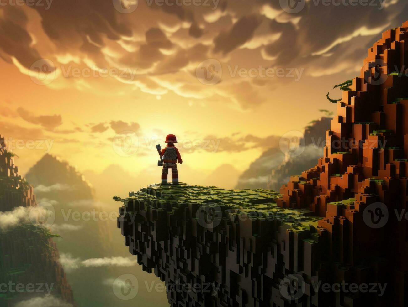 Lego character exploring a epic lego world AI Generative photo