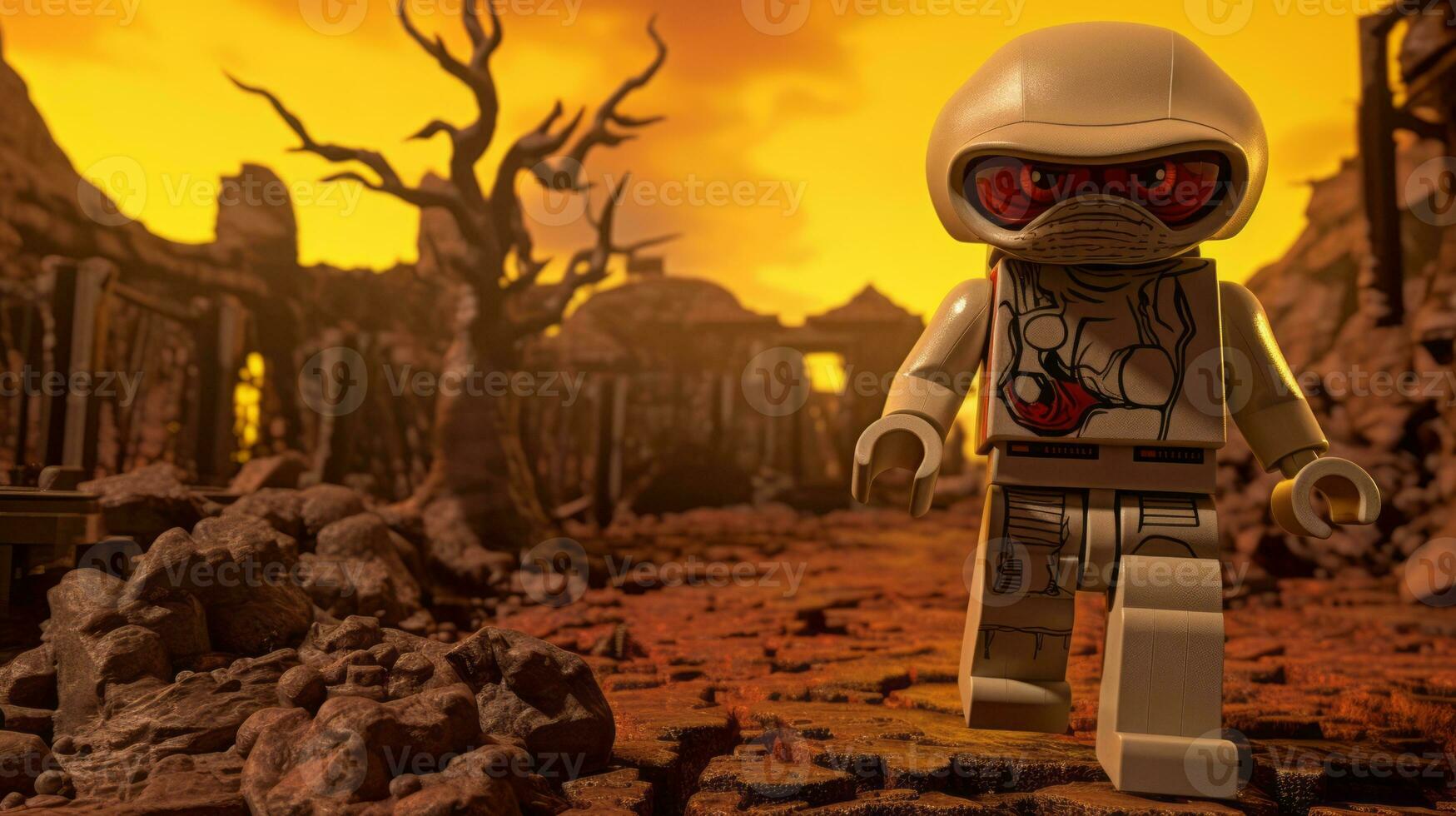 Lego character exploring a epic lego world AI Generative photo