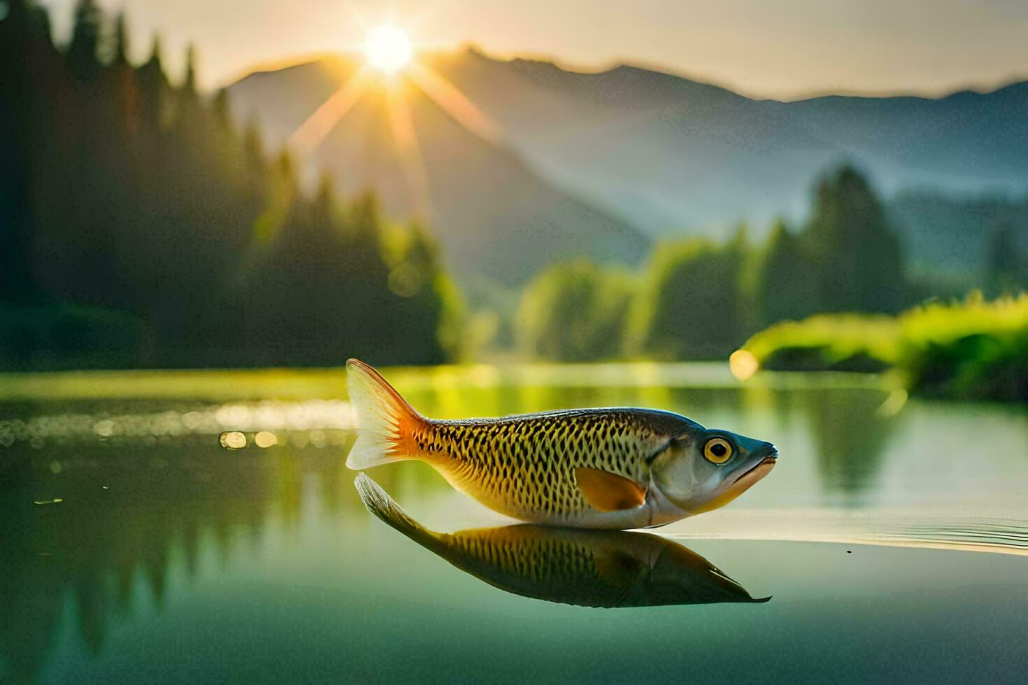 a fish is floating on the water in front of a mountain. AI-Generated photo