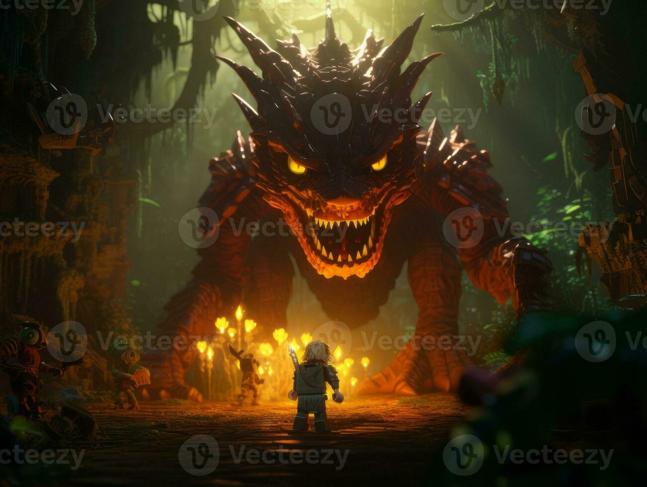 Lego character exploring a epic lego world AI Generative photo